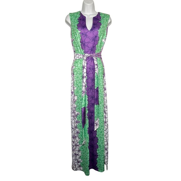 Rulon Reed Morgan Maxi Dress XS Green Purple Hibiscus Belt Sheath Resort - Picture 7 of 15